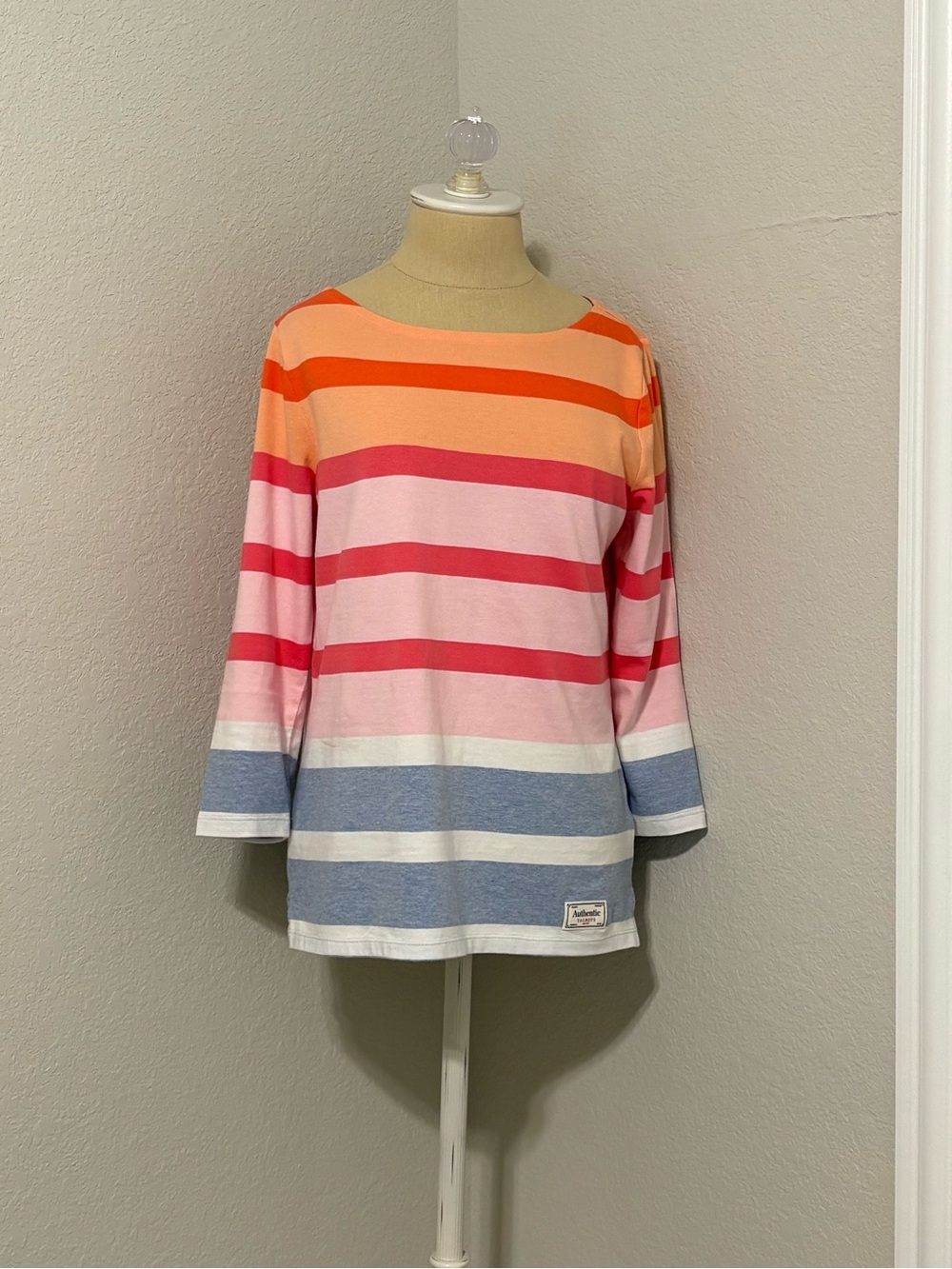 Talbots Striped Crewneck 3/4 Sleeve Top in Orange, Pink & Blue